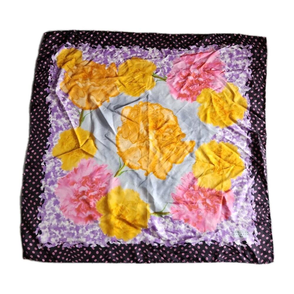 CHRISTIAN LACROIX Floral Polka Dots silk square scarf 34" Made In Italy Euc